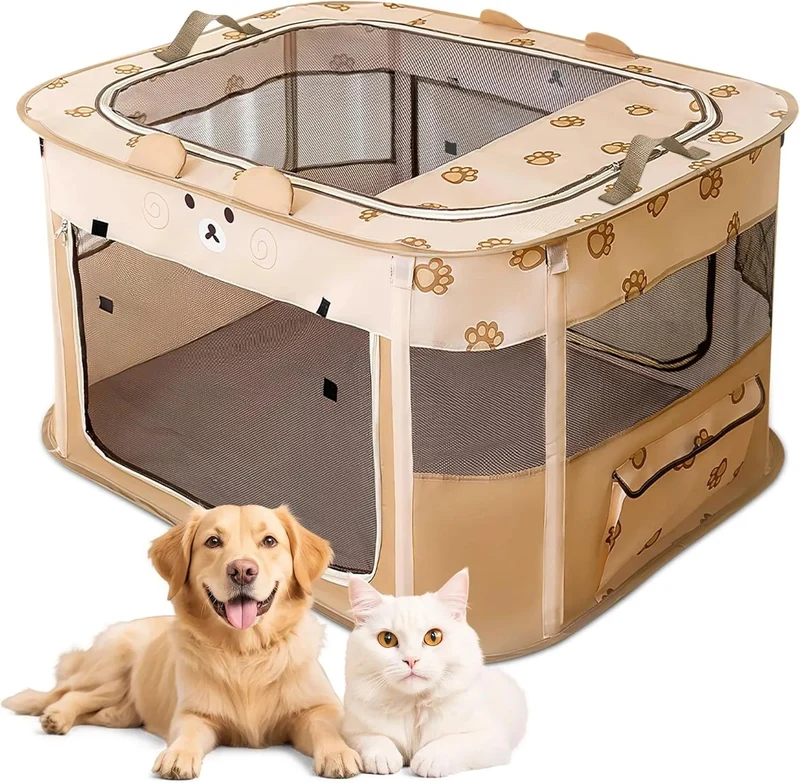 Parque dobrável para cães pequenos e gatos, portátil, uso interno ou exterior