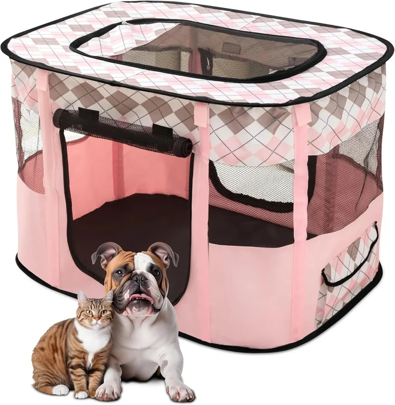 Parque dobrável para cães pequenos e gatos, portátil, uso interno ou exterior