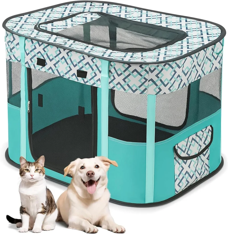 Parque dobrável para cães pequenos e gatos, portátil, uso interno ou exterior