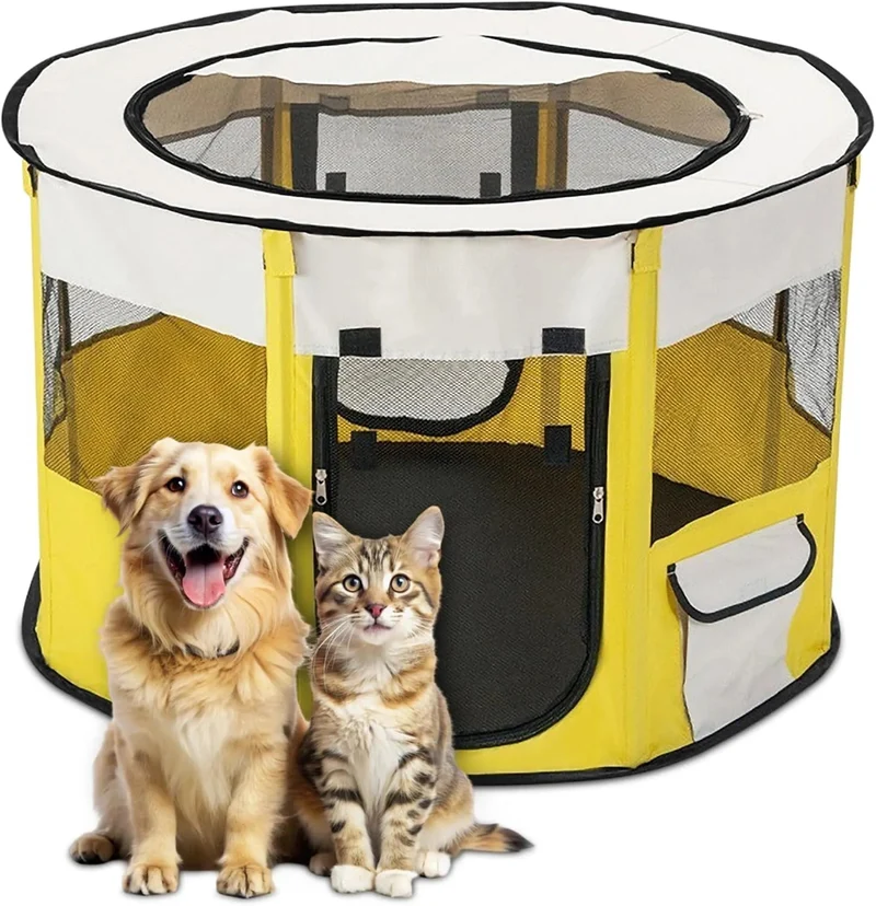 Parque dobrável para cães pequenos e gatos, portátil, uso interno ou exterior