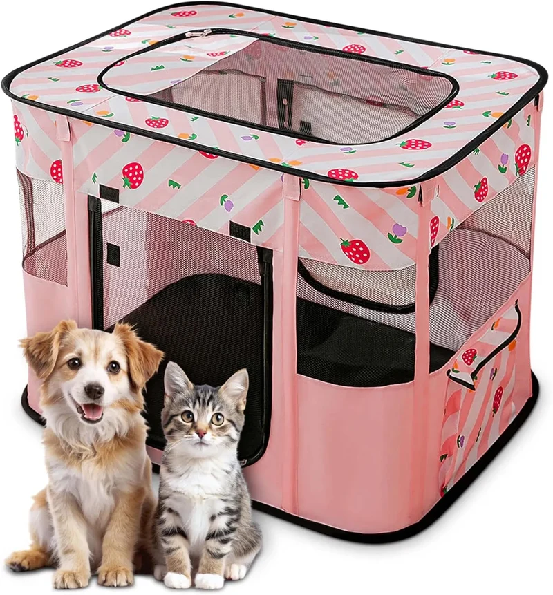 Parque dobrável para cães pequenos e gatos, portátil, uso interno ou exterior