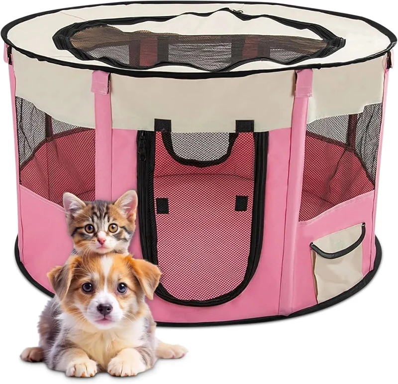 Parque dobrável para cães pequenos e gatos, portátil, uso interno ou exterior