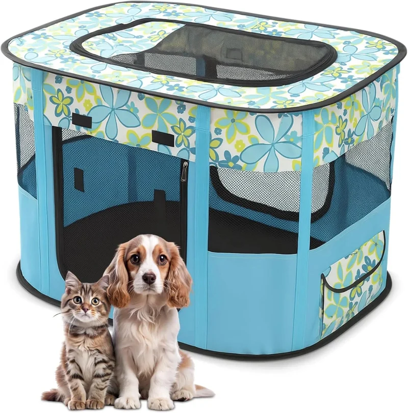 Parque dobrável para cães pequenos e gatos, portátil, uso interno ou exterior