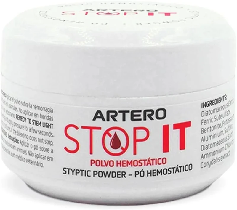 Artero Stop it. Pó hemostático para cortar as pequenas hemorragias produzidas pelo corte de unhas em cães e gatos
