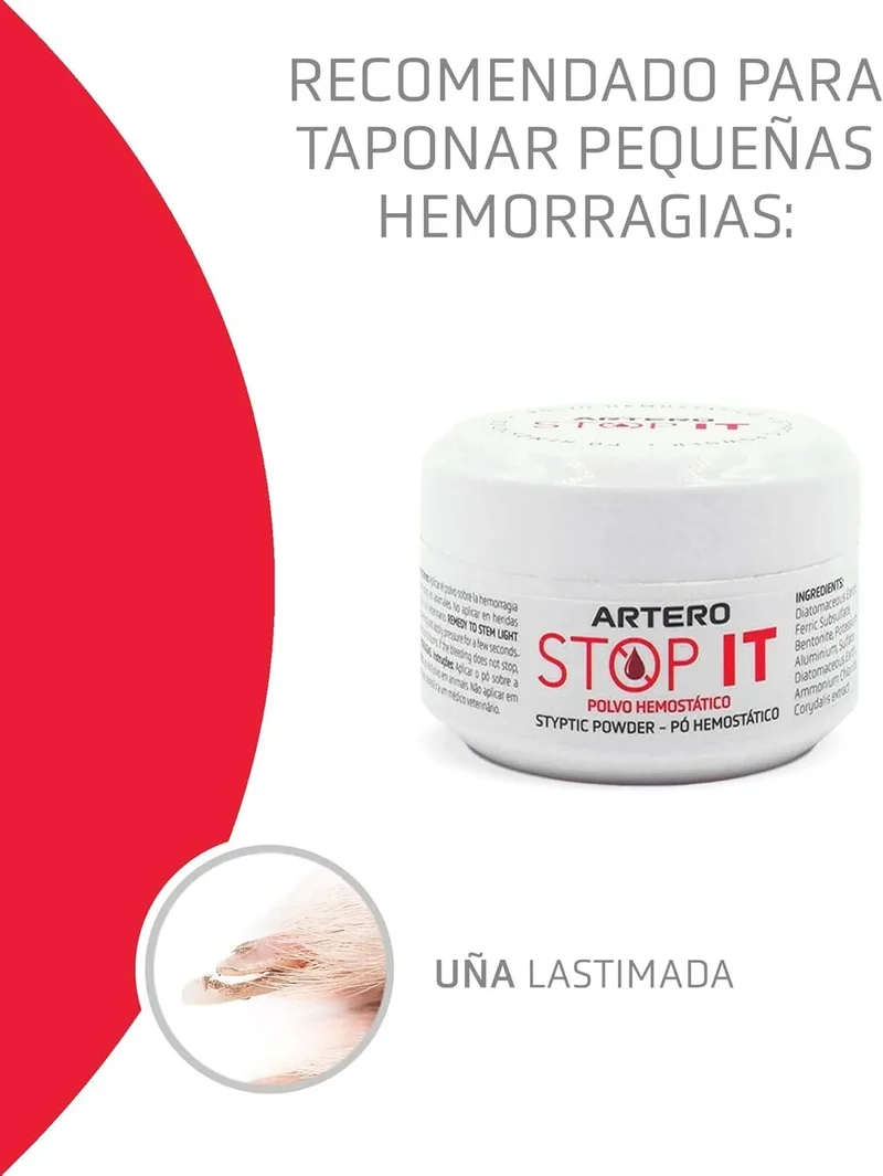 Artero Stop it. Pó hemostático para cortar as pequenas hemorragias produzidas pelo corte de unhas em cães e gatos