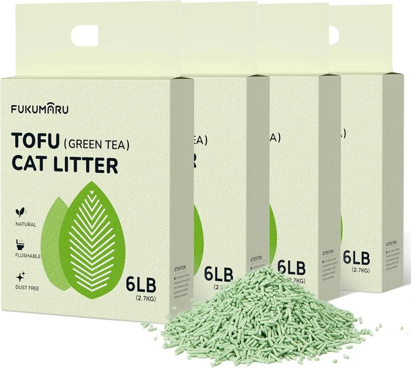 FUKUMARU Areia de tofu CHÁ VERDE para gatos - areia aglomerante para gatos, controlo de odores com aroma de chá verde, livre de pó e fácil de aglomerar, descartável em casa de banho