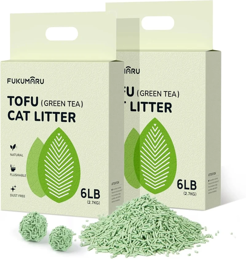 FUKUMARU Areia de tofu CHÁ VERDE para gatos - areia aglomerante para gatos, controlo de odores com aroma de chá verde, livre de pó e fácil de aglomerar, descartável em casa de banho