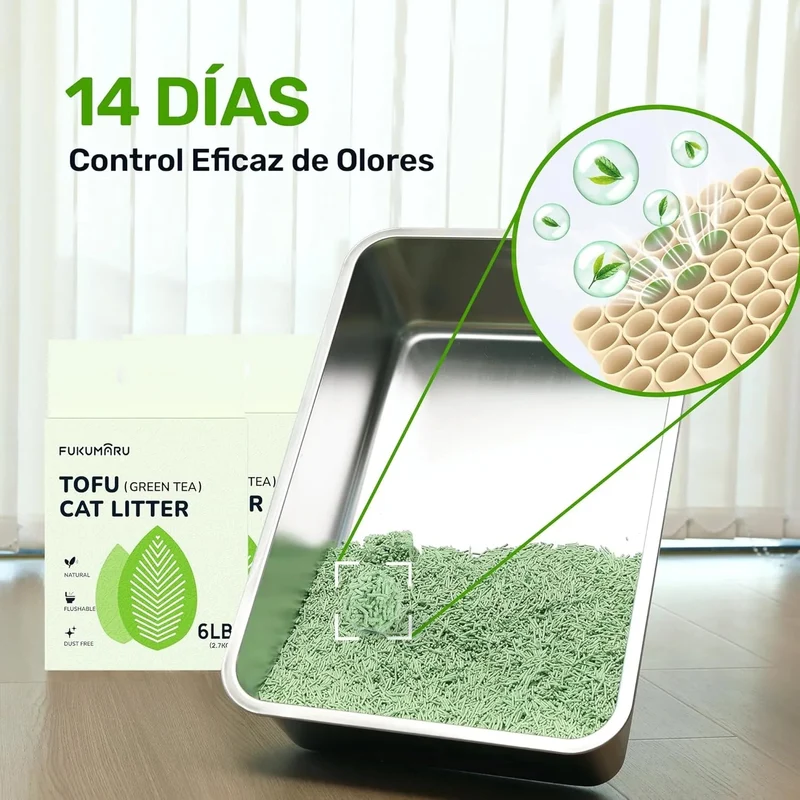 FUKUMARU Areia de tofu CHÁ VERDE para gatos - areia aglomerante para gatos, controlo de odores com aroma de chá verde, livre de pó e fácil de aglomerar, descartável em casa de banho