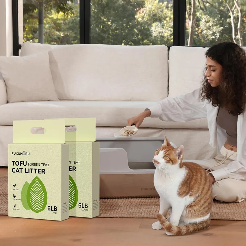 FUKUMARU Areia de tofu CHÁ VERDE para gatos - areia aglomerante para gatos, controlo de odores com aroma de chá verde, livre de pó e fácil de aglomerar, descartável em casa de banho
