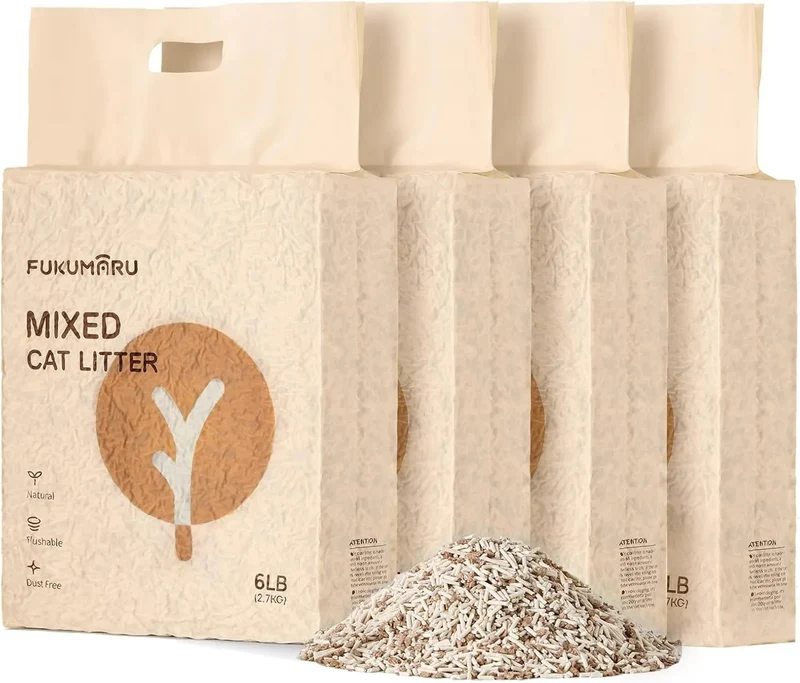 FUKUMARU Areia de tofu de MACIEIRA para gatos - areia aglomerante para gatos, mistura de pellets de madeira de macieira, sem pó e fácil de aglomerar, controlo de odor, pode ser despejado na sanita