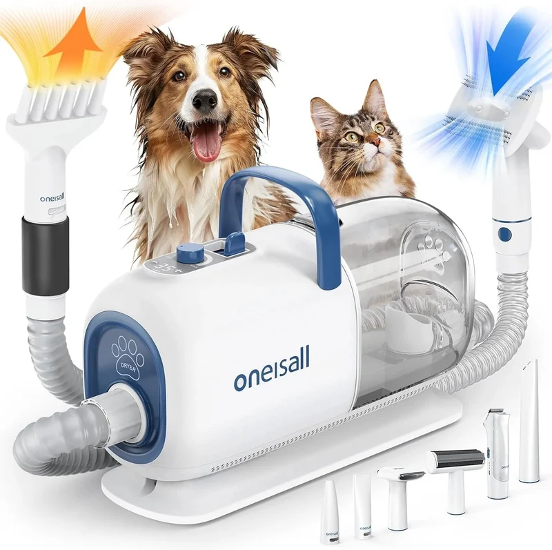 Secador e aspirador de pêlo canino, (15000 Pa), kit de higiene de aparar e secar, 7 níveis de temperatura de sopro, fluxo de ar ajustável, 2,5 L