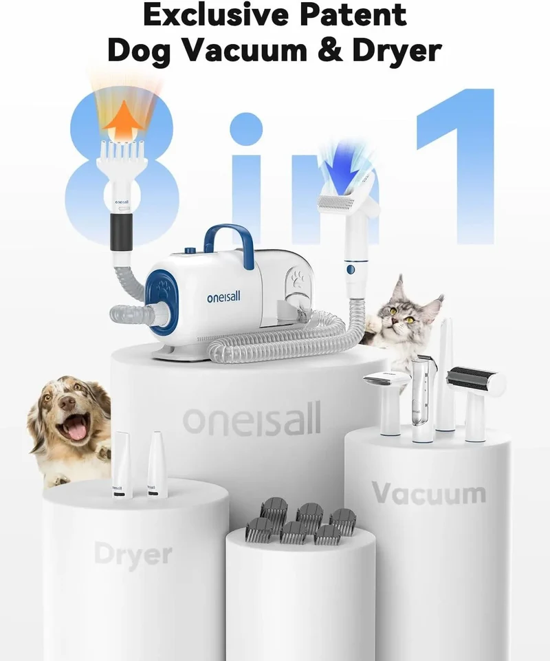 Secador e aspirador de pêlo canino, (15000 Pa), kit de higiene de aparar e secar, 7 níveis de temperatura de sopro, fluxo de ar ajustável, 2,5 L
