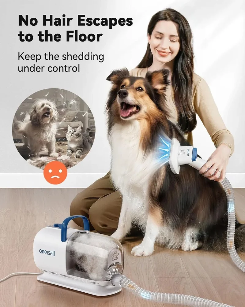 Secador e aspirador de pêlo canino, (15000 Pa), kit de higiene de aparar e secar, 7 níveis de temperatura de sopro, fluxo de ar ajustável, 2,5 L