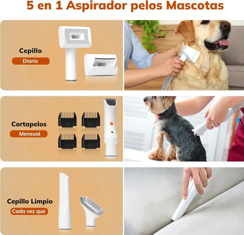 Aspirador para animais de estimação, máquina de cortar pêlo a cães com 3 litros, sucção potente - multifunções 5 em 1