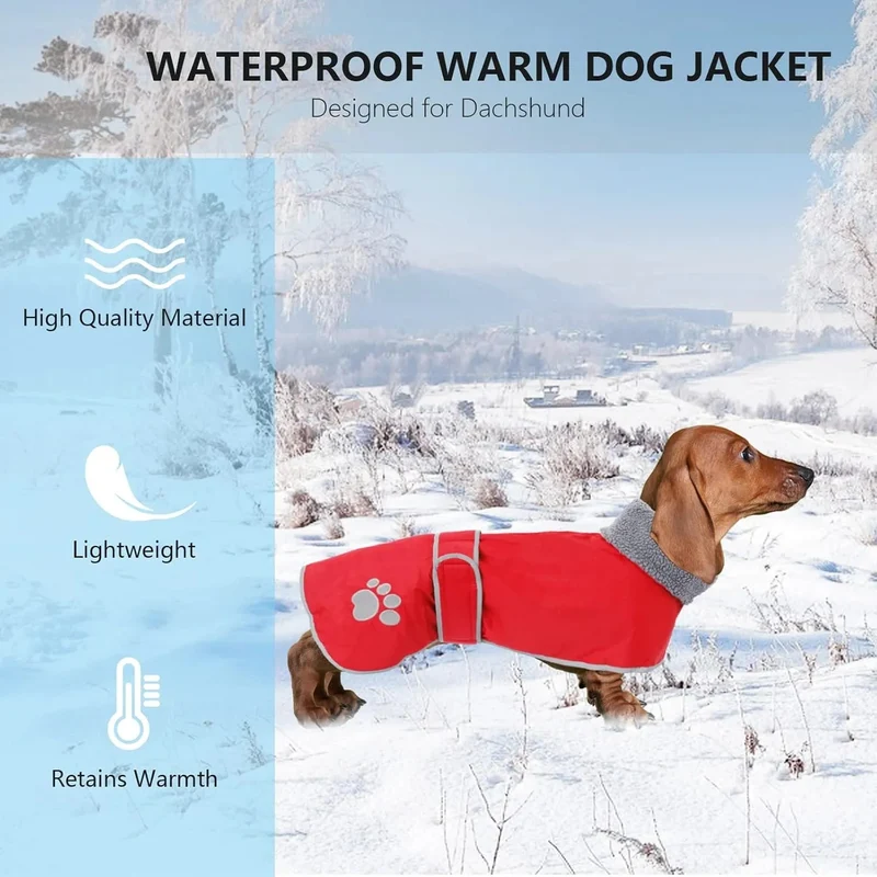 Casaco de inverno impermeável para cão salsicha, com forro polar quente e orifício arnês