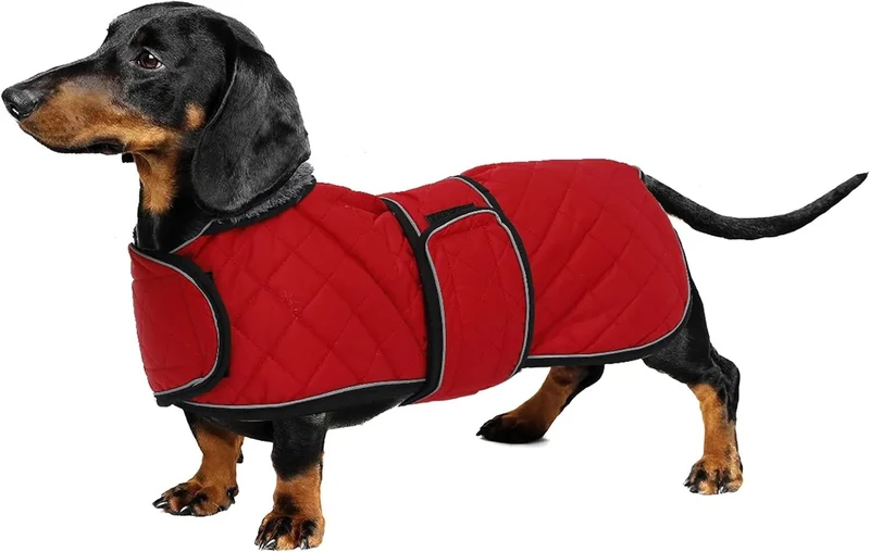 Casaco térmico de inverno para cão salsicha, com forro polar quente, impermeável, com faixas ajustáveis e orifício de arnês