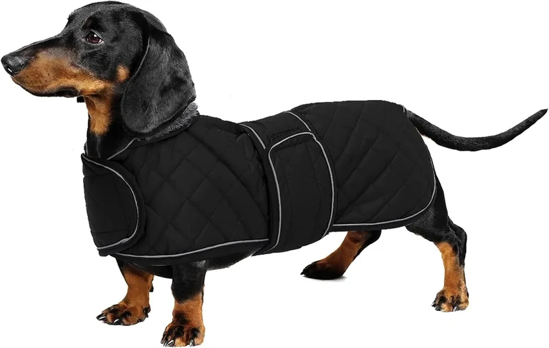 Casaco térmico de inverno para cão salsicha, com forro polar quente, impermeável, com faixas ajustáveis e orifício de arnês