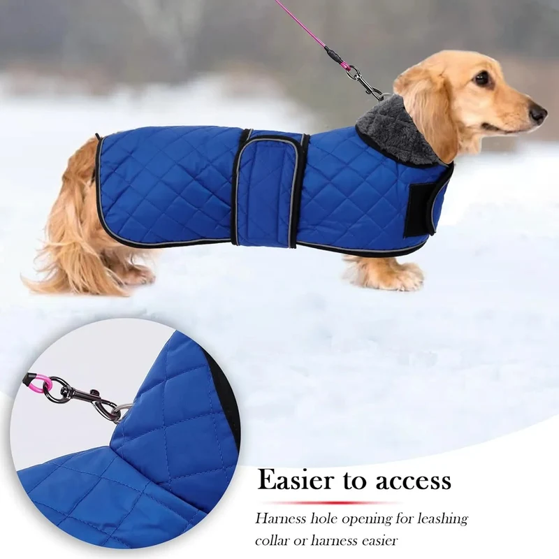 Casaco térmico de inverno para cão salsicha, com forro polar quente, impermeável, com faixas ajustáveis e orifício de arnês