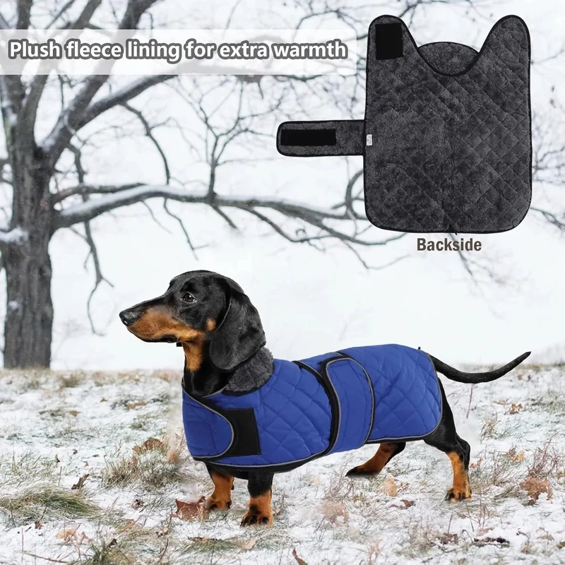 Casaco térmico de inverno para cão salsicha, com forro polar quente, impermeável, com faixas ajustáveis e orifício de arnês