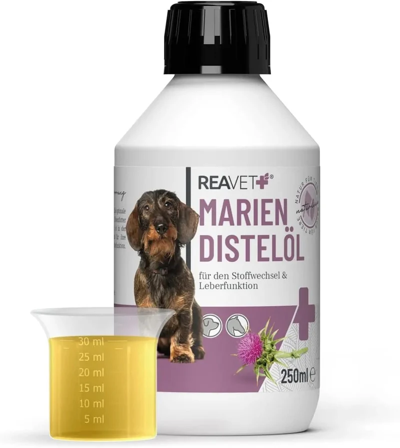Óleo de cardo ReaVET para cães - Natural de Qualidade PREMIUM - Ajuda para vómitos, BARF I Rico em vitamina E, ómega-6, ómega-9