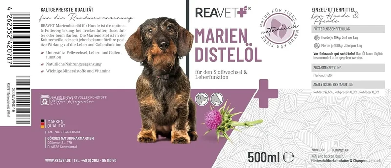 Óleo de cardo ReaVET para cães - Natural de Qualidade PREMIUM - Ajuda para vómitos, BARF I Rico em vitamina E, ómega-6, ómega-9