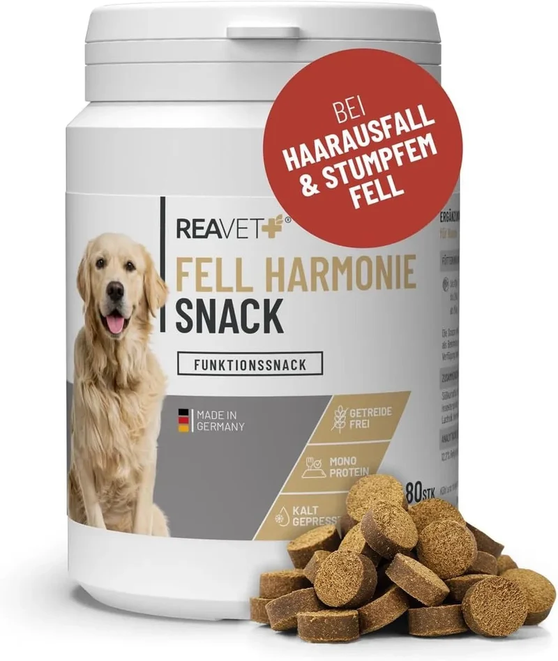 ReaVET Snacks com Ómega-3 para cães I para uma pele saudável e pelagem brilhante I anti-comichão, queda de pelo, mudança de pelagem - com óleo de salmão, ácidos gordos e ómega-3 I Guloseimas para cães sem cereais e sem açúcar