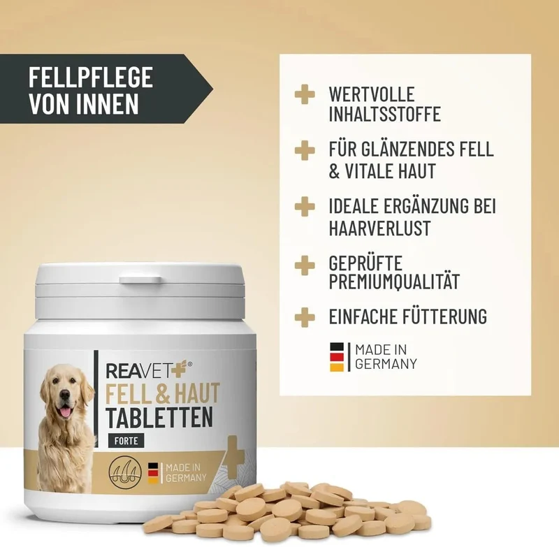 ReaVET Pêlo e Pele para Cães Pack de 120 - para problemas de pele, dermatose e queda de pelo para cães, função de suporte da pele