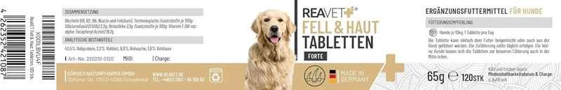ReaVET Pêlo e Pele para Cães Pack de 120 - para problemas de pele, dermatose e queda de pelo para cães, função de suporte da pele