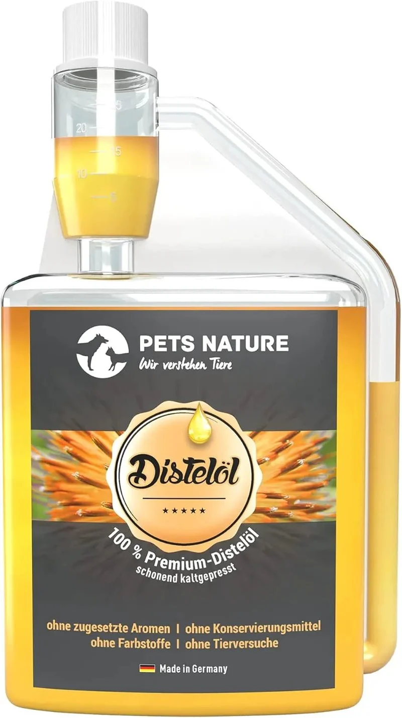 Óleo de cardo Puro PREMIUM para cães e gatos - rico em ácido gordo ómega-6 Ácido linoleico - 100% natural, suave prensado a frio, fabricado na Alemanha (250 ml)