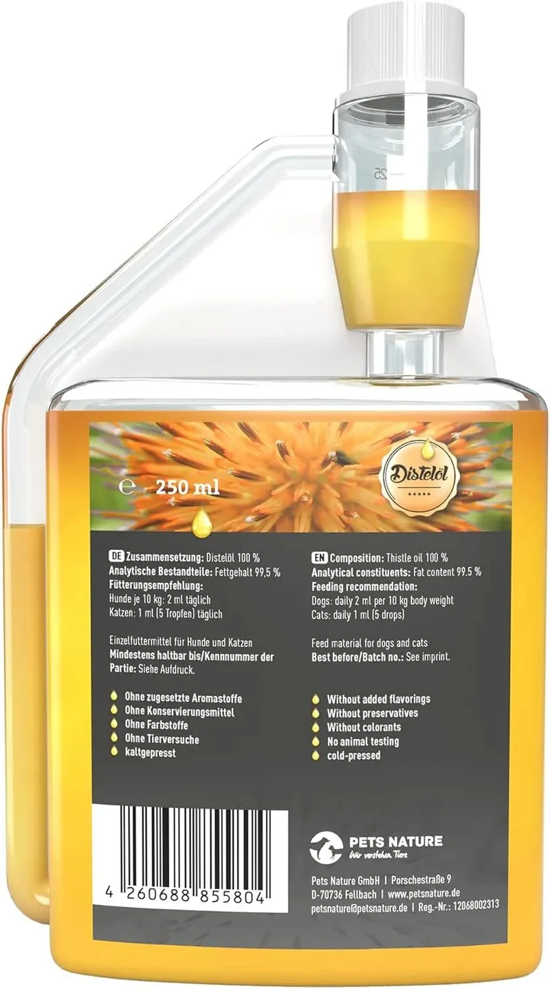 Óleo de cardo Puro PREMIUM para cães e gatos - rico em ácido gordo ómega-6 Ácido linoleico - 100% natural, suave prensado a frio, fabricado na Alemanha (250 ml)