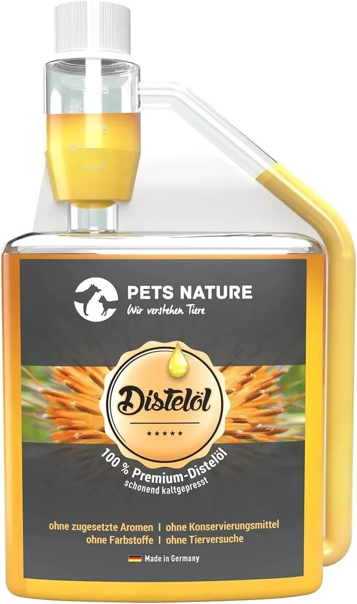 Óleo de cardo Puro PREMIUM para cães e gatos - rico em ácido gordo ómega-6 Ácido linoleico - 100% natural, suave prensado a frio, fabricado na Alemanha (250 ml)