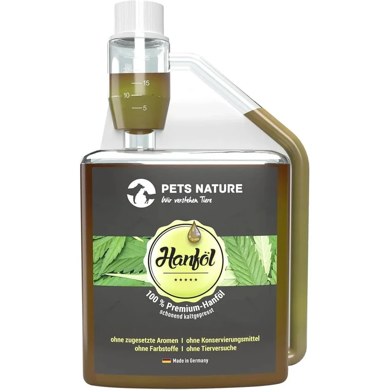 Óleo de Cânhamo Pets Nature Puro PREMIUM para cães e gatos - Óleo de cânhamo com ácidos gordos ómega-3 e 6 - 100% natural, suave prensado a frio, fabricado na Alemanha (250 ml)