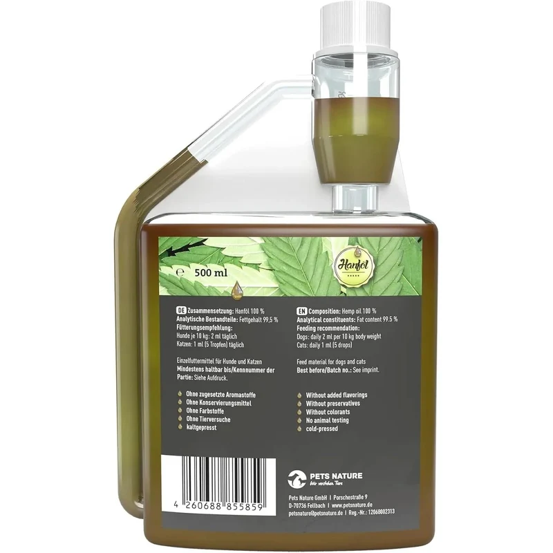 Óleo de Cânhamo Pets Nature Puro PREMIUM para cães e gatos - Óleo de cânhamo com ácidos gordos ómega-3 e 6 - 100% natural, suave prensado a frio, fabricado na Alemanha (250 ml)