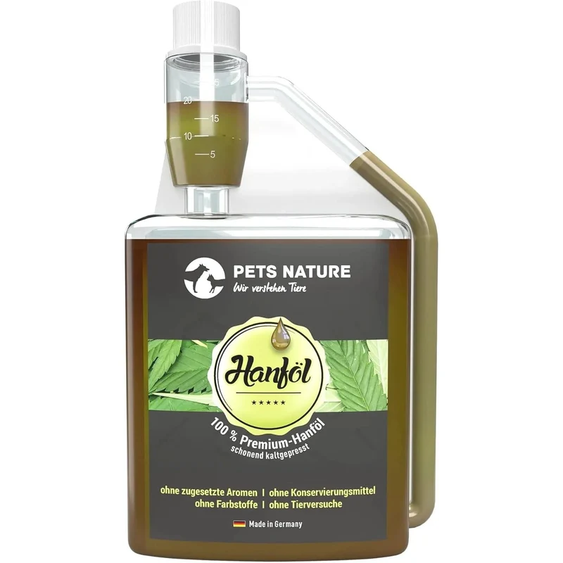 Óleo de Cânhamo Pets Nature Puro PREMIUM para cães e gatos - Óleo de cânhamo com ácidos gordos ómega-3 e 6 - 100% natural, suave prensado a frio, fabricado na Alemanha (250 ml)