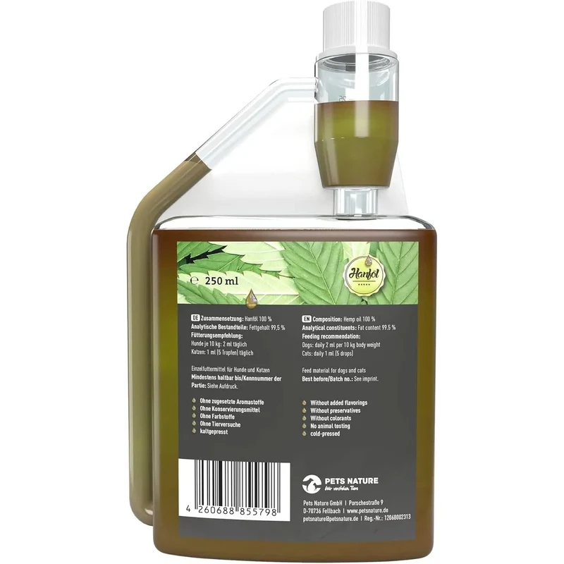 Óleo de Cânhamo Pets Nature Puro PREMIUM para cães e gatos - Óleo de cânhamo com ácidos gordos ómega-3 e 6 - 100% natural, suave prensado a frio, fabricado na Alemanha (250 ml)