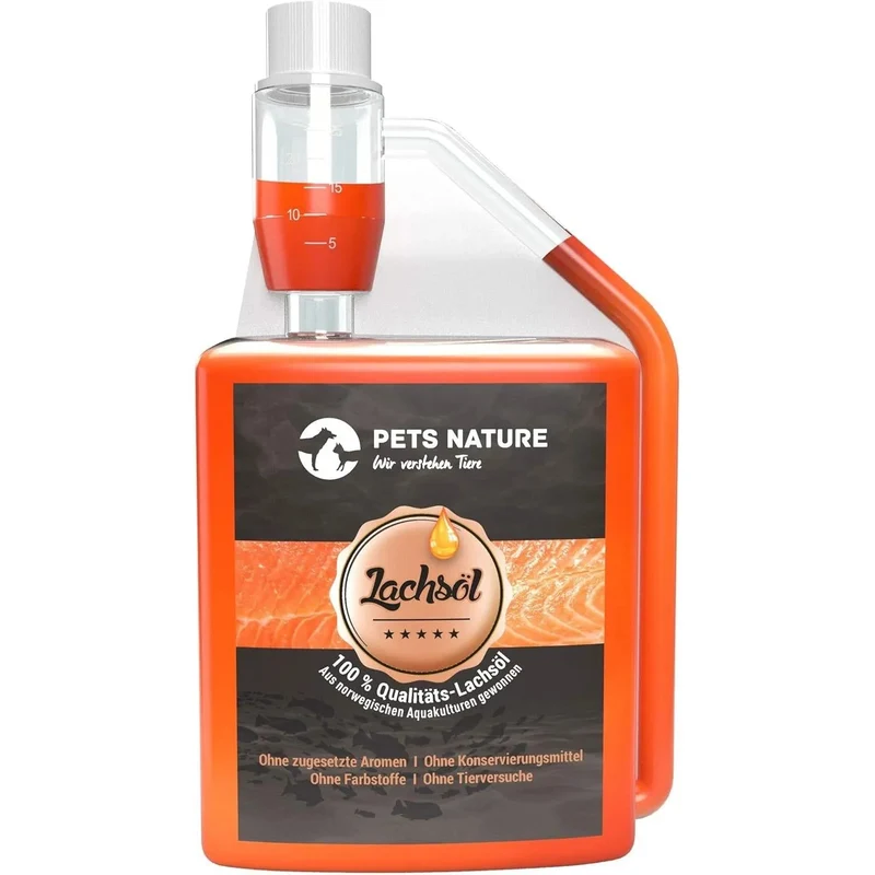 Pets Nature Óleo de salmão para cães e gatos - 250 ml de óleo de peixe Puro PREMIUM com ómega 3 e 6 para o seu cão ou gato