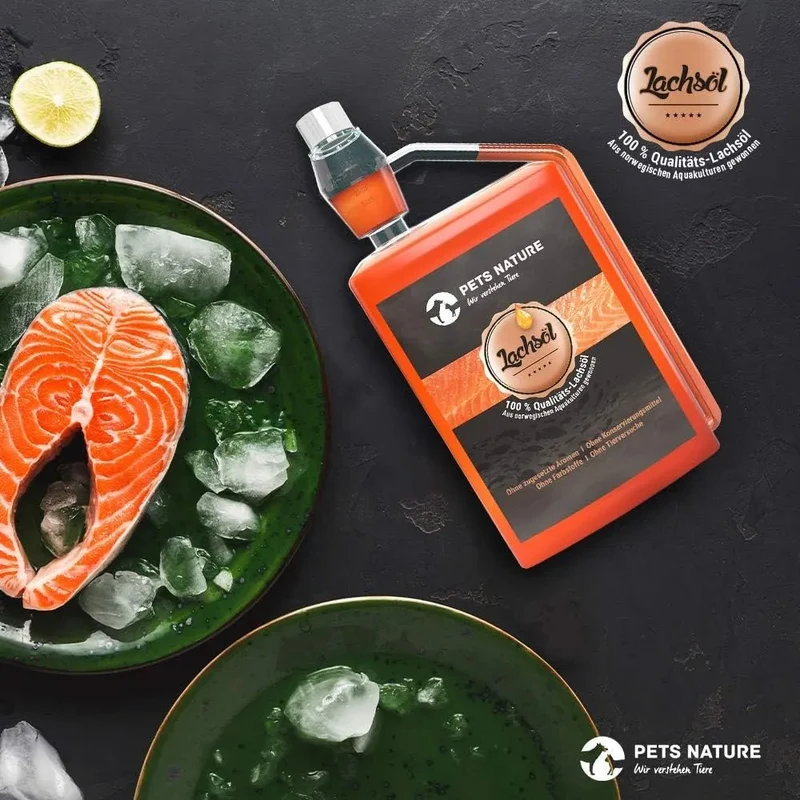 Pets Nature Óleo de salmão para cães e gatos - 250 ml de óleo de peixe Puro PREMIUM com ómega 3 e 6 para o seu cão ou gato