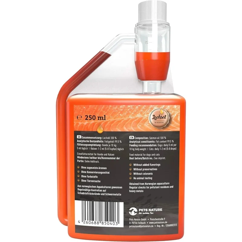 Pets Nature Óleo de salmão para cães e gatos - 250 ml de óleo de peixe Puro PREMIUM com ómega 3 e 6 para o seu cão ou gato