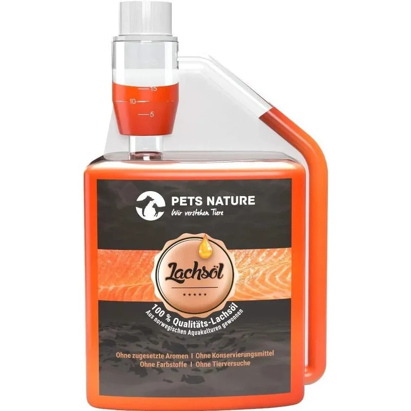 Pets Nature Óleo de salmão para cães e gatos - 250 ml de óleo de peixe Puro PREMIUM com ómega 3 e 6 para o seu cão ou gato