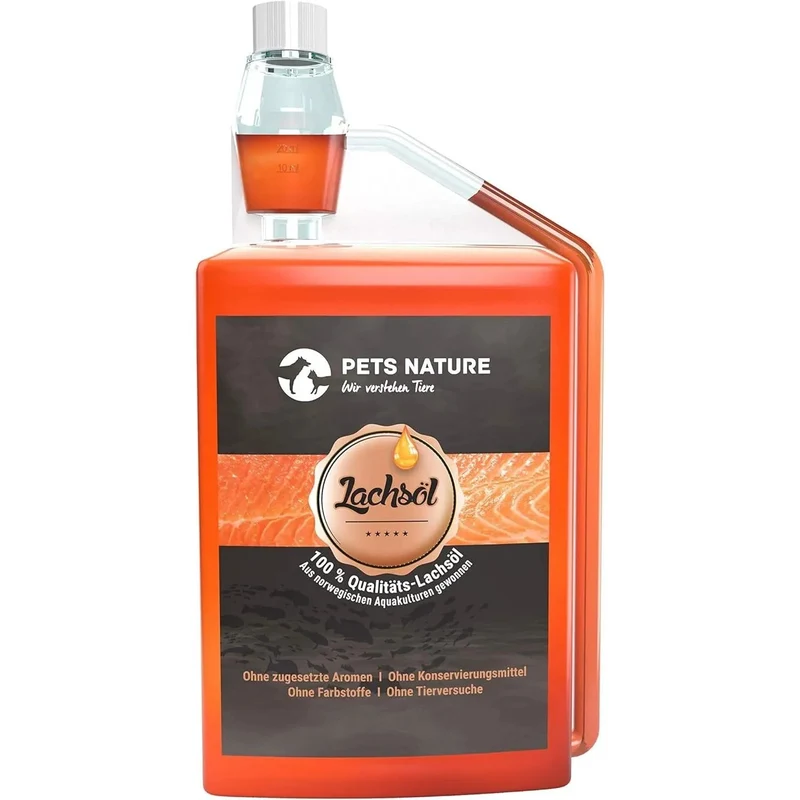 Pets Nature Óleo de salmão para cães e gatos - 250 ml de óleo de peixe Puro PREMIUM com ómega 3 e 6 para o seu cão ou gato