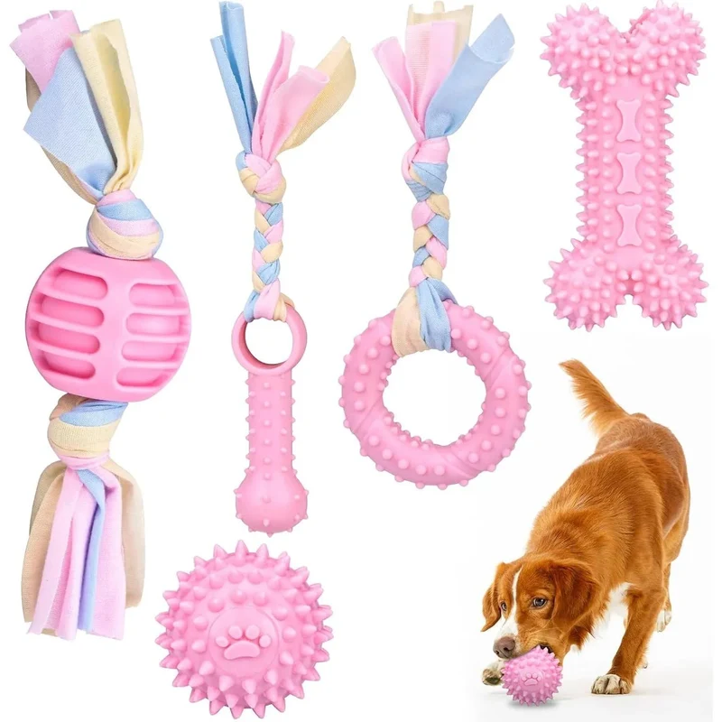 Conjunto de 5 peças / brinquedos para dentição de cachorros, brinquedo de limpeza dentária, em borracha para cães