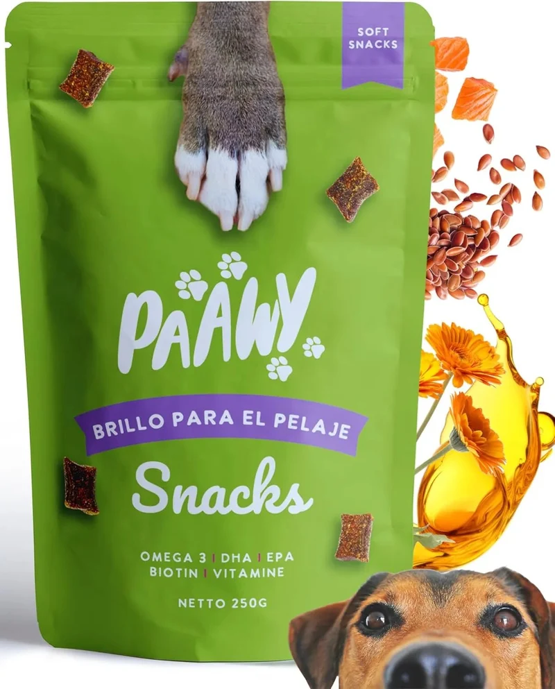 Snacks Paawy para Pêlo Brilhante - suplemento alimentar com ômega 3, biotina e zinco para o pêlo - ajuda na comichão, perda de pêlo e alergias