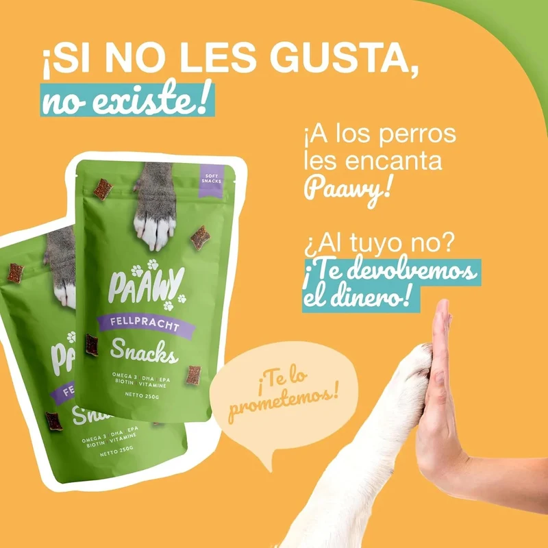 Snacks Paawy para Pêlo Brilhante - suplemento alimentar com ômega 3, biotina e zinco para o pêlo - ajuda na comichão, perda de pêlo e alergias
