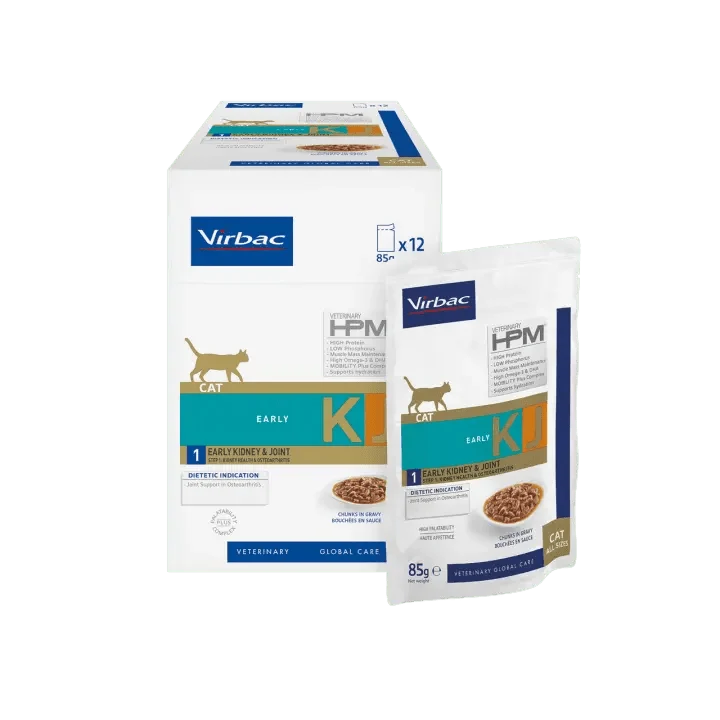 VIRBAC HPM KJ1 Early Kidney & Joint Cat (WET) - Alimento completo húmido para suporte da função renal em gatos- 12 saquetas de 85 gramas