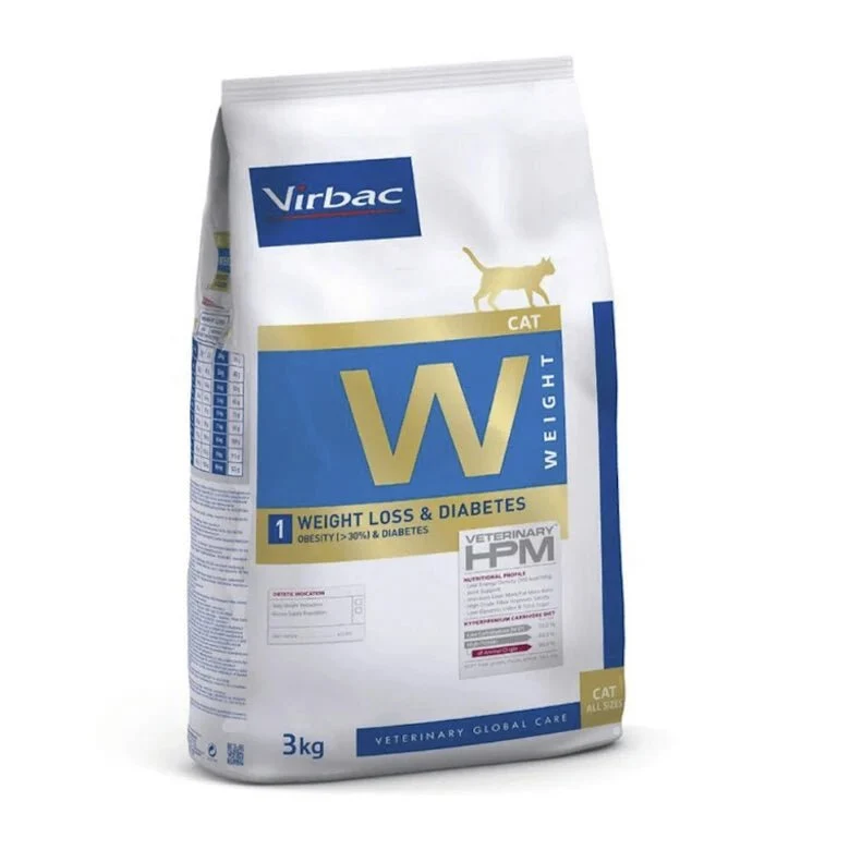 VIRBAC W1 Weight Loss Diabetes Hpm Ração para Gatos - Sacos de 1,5 kg - 3 Kg - 7 Kg