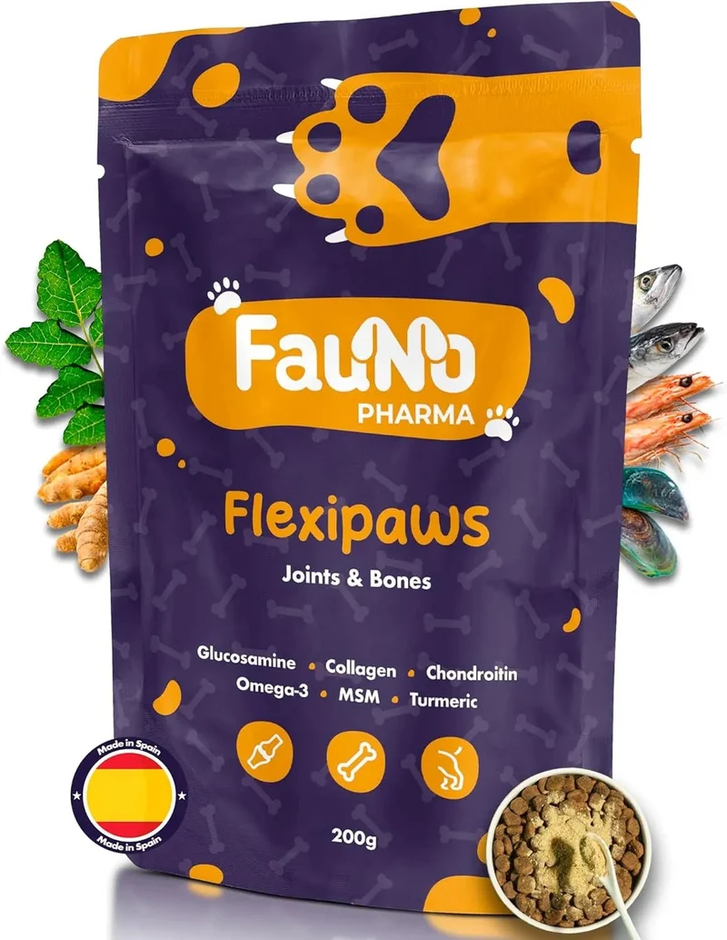 Flexipaws Condroprotetor para cães, glucosamina, condroitina, ômega-3, MSM, mexilhão lábios verde, açafrão (articulações, anti-inflamatório, dôr, artrite) 200 gr