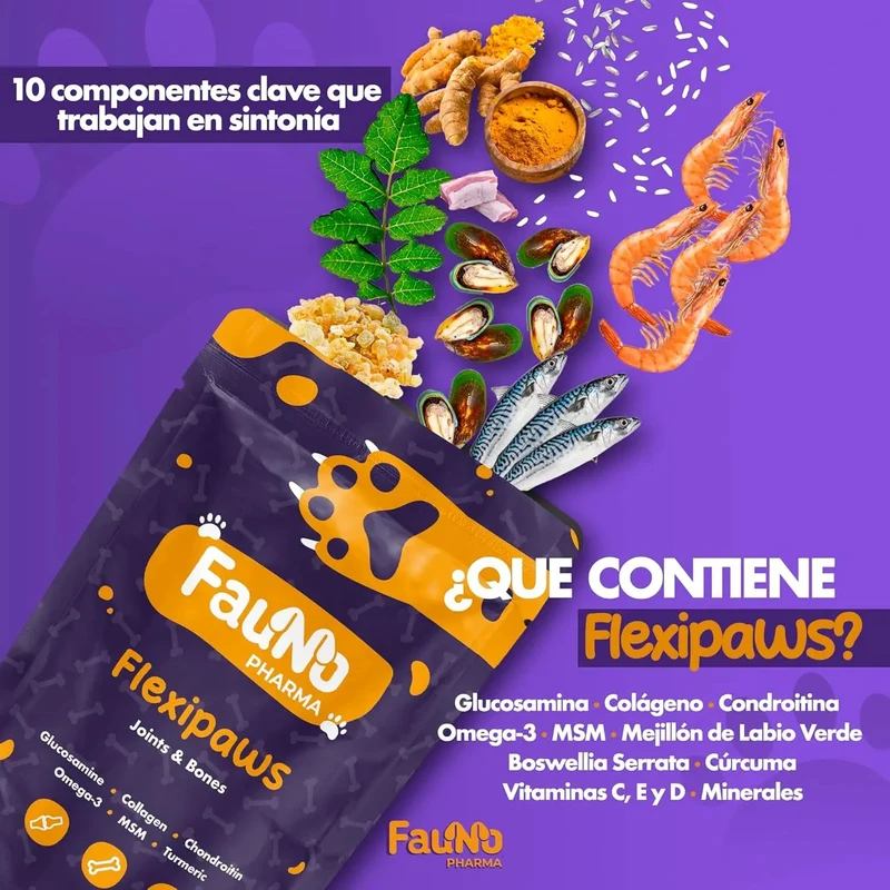 Flexipaws Condroprotetor para cães, glucosamina, condroitina, ômega-3, MSM, mexilhão lábios verde, açafrão (articulações, anti-inflamatório, dôr, artrite) 200 gr