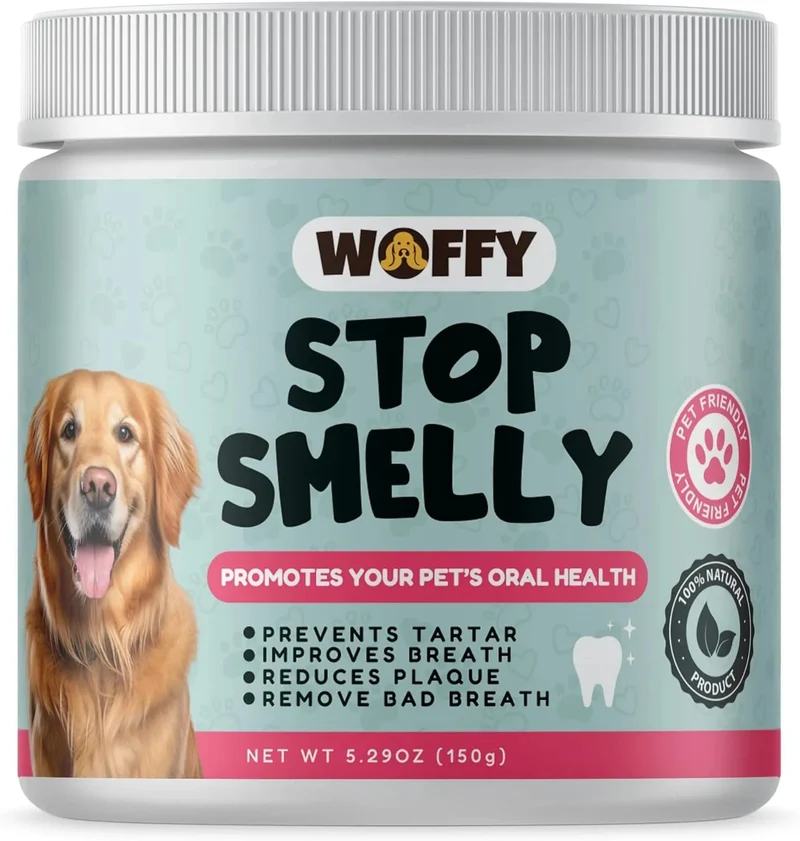 Woffy Stop Smelly pó dental natural para mau hálito de cão - elimina o tártaro, reduz a placa e melhora o mau hálito (com algas ascophyllum e probióticos)