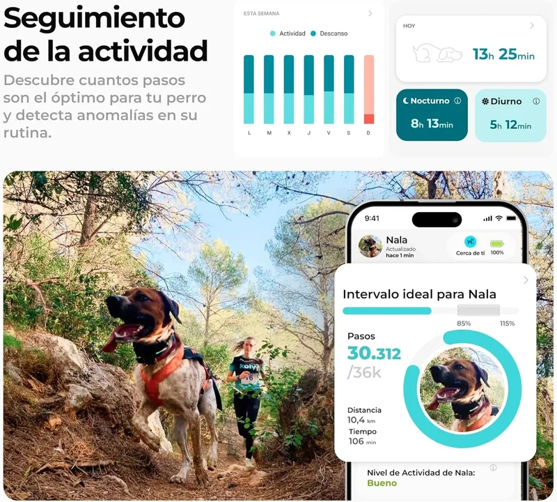 Coleira GPS para cães controlo via App - localização internacional em tempo real - rastreamento de saúde - 3 zonas seguras - Kolyy Série 2