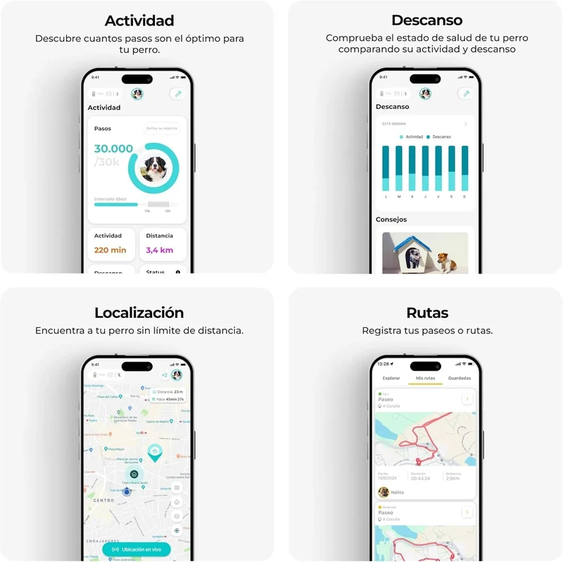 Coleira GPS para cães controlo via App - localização internacional em tempo real - rastreamento de saúde - 3 zonas seguras - Kolyy Série 2